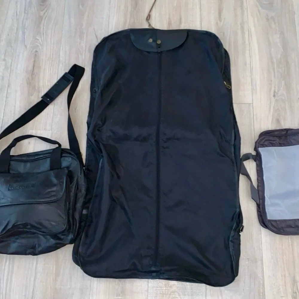 Cellini vintage black leather luggage bag & hanging garment bag bundle